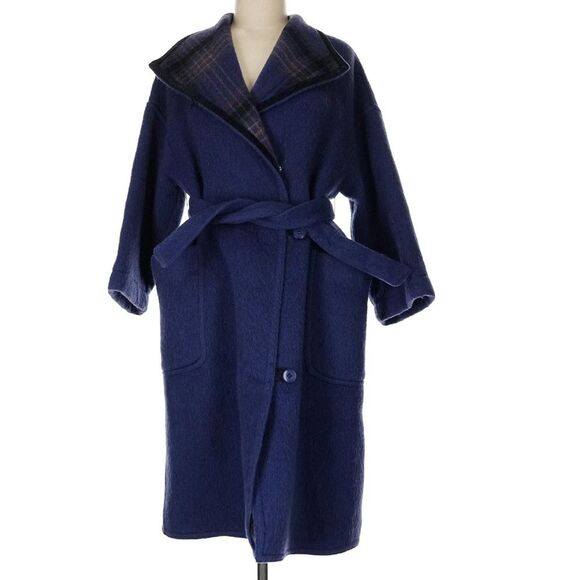 VERSIONE Vintage Wool Mohair Midi Wrap Coat Belted Oversized Plaid Italian 7 - Picture 1 of 12
